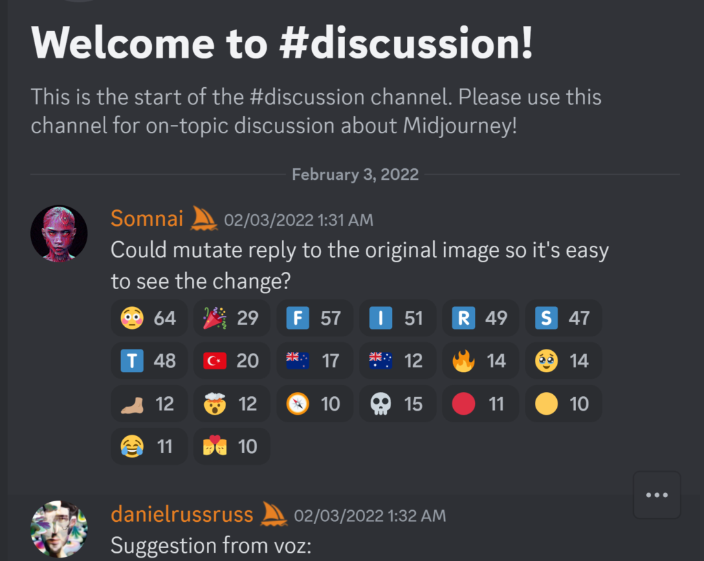 Screenshot of MidJourney Discord "Welcome to #Discussion!"Somnai — 02/03/2022 1:31 AM Could mutate reply to the original image so it's easy to see the change?"