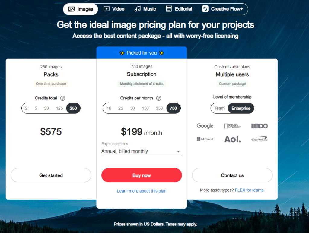 Shutterstock Pricing Plan2