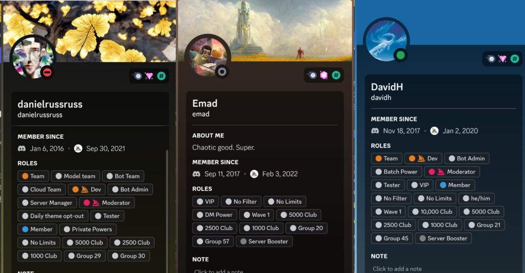 Discord profiles for Daniel Russell, Emad Mostaque, and David Holz
